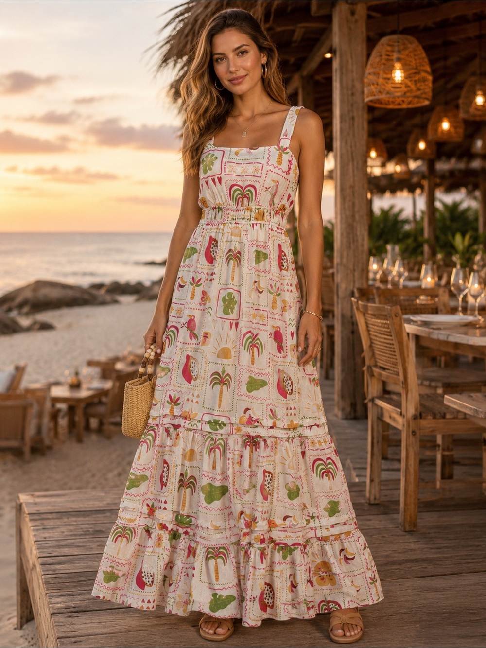 NWOT XS Tropical Print Tiered Maxi Dress Open Back Tie Lined Resort Vacation